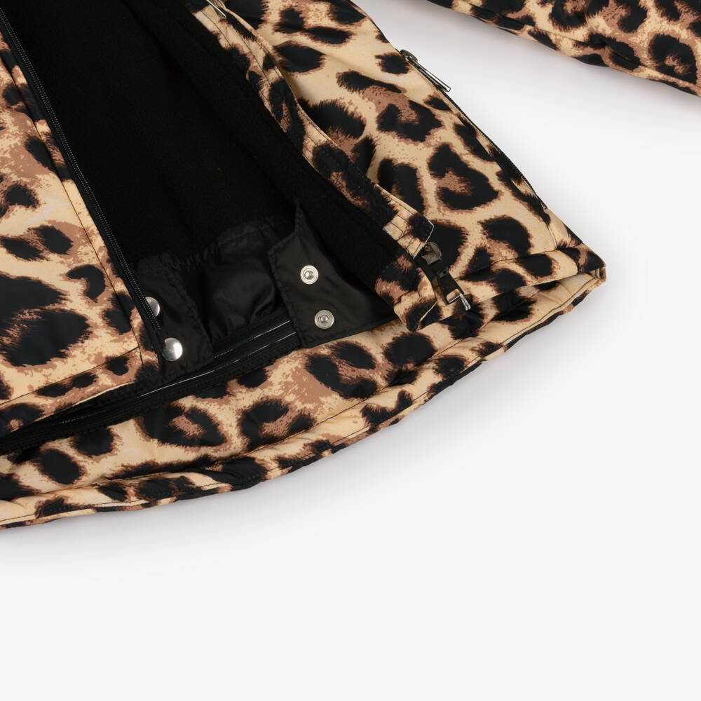 Pilguni-Girls Beige Leopard Print Ski Jacket with Detachable Hood | Childrensalon