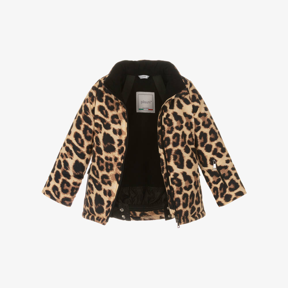 Pilguni-Girls Beige Leopard Print Ski Jacket with Detachable Hood | Childrensalon