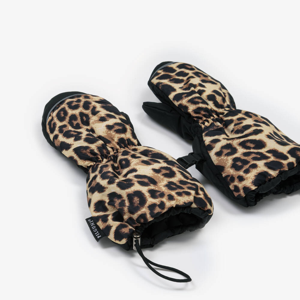 Pilguni-Girls Black & Beige Leopard Print Ski Mittens | Childrensalon