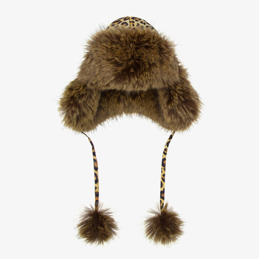 Pilguni-Girls Brown Leopard Print & Faux Fur Trapper Hat | Childrensalon