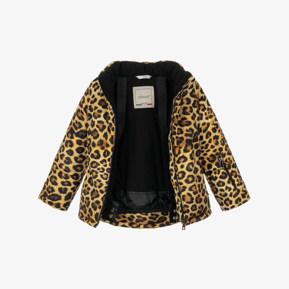 Pilguni-Girls Brown Leopard Print Ski Jacket with Detachable Hood | Childrensalon