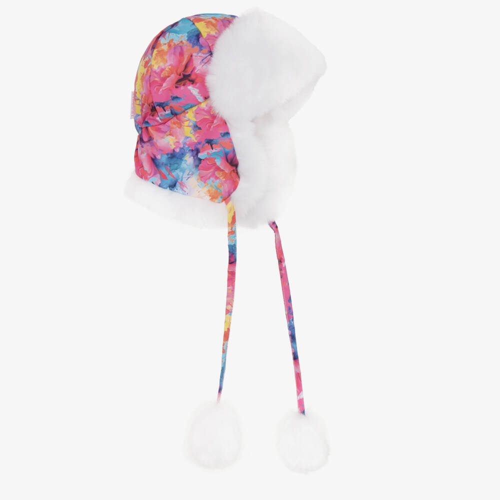 Pilguni-Girls Pink Abstract Print & Faux Fur Trapper Hat | Childrensalon