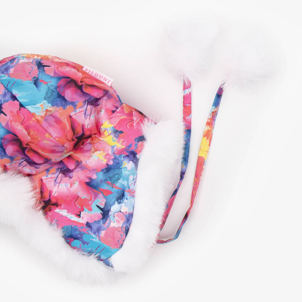 Pilguni-Girls Pink Abstract Print & Faux Fur Trapper Hat | Childrensalon