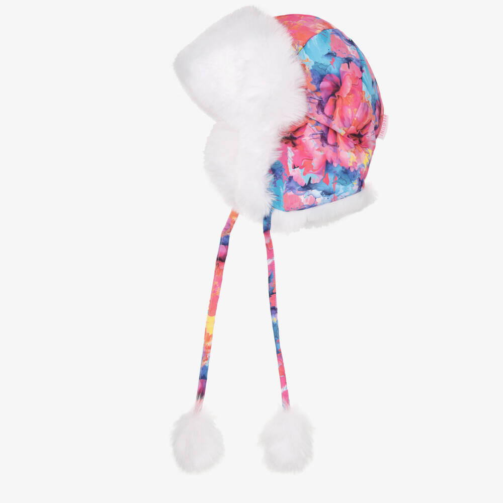 Pilguni-Girls Pink Abstract Print & Faux Fur Trapper Hat | Childrensalon