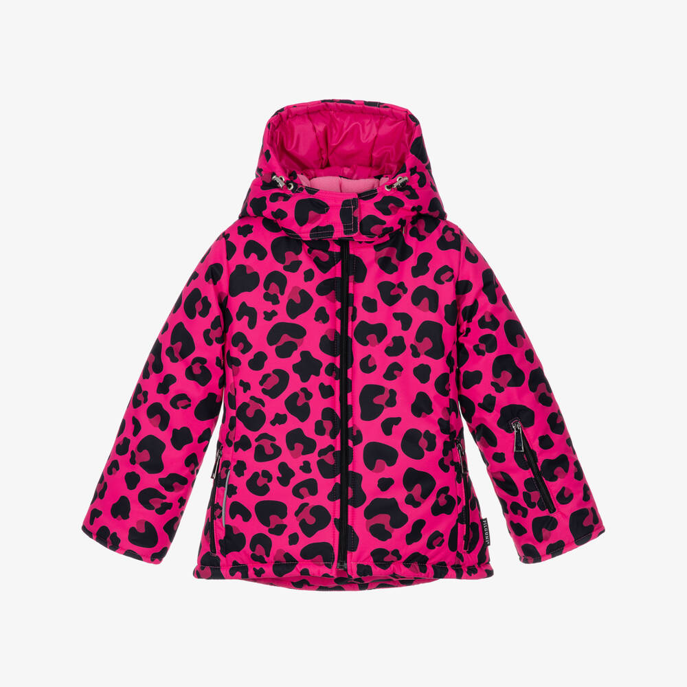 Pilguni-Girls Pink & Black Leopard Print Technical Ski Jacket | Childrensalon