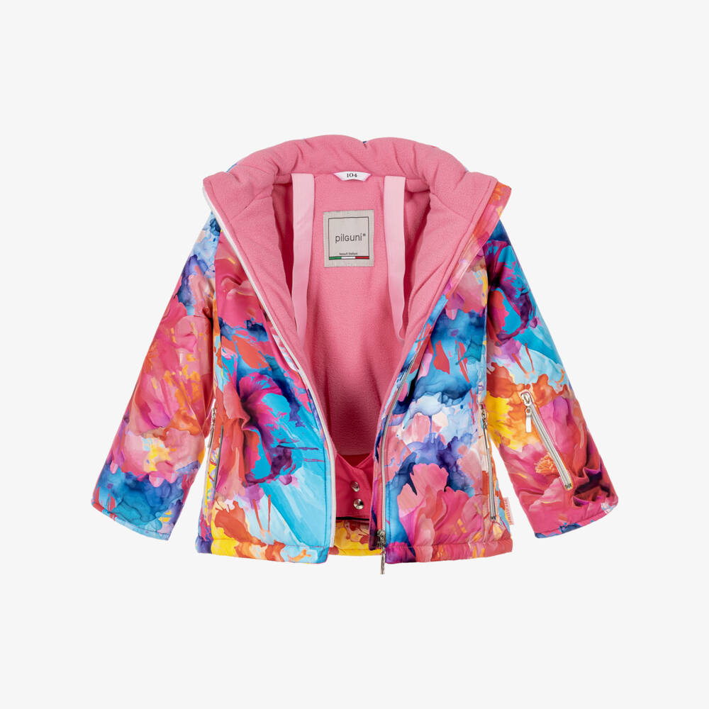 Pilguni-Girls Pink & Blue Abstract Print Ski Jacket | Childrensalon