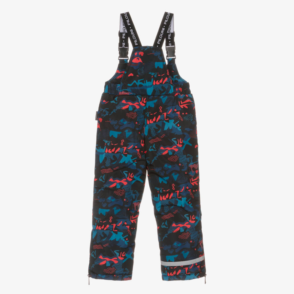 Pilguni-Navy Blue Print Ski Salopettes with Logo Shoulder Straps | Childrensalon