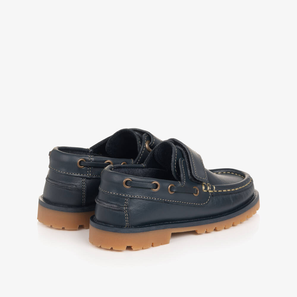 Pisamonas-Boys Navy Blue Leather Deck Shoes | Childrensalon