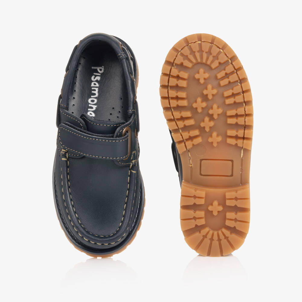 Pisamonas-Boys Navy Blue Leather Deck Shoes | Childrensalon