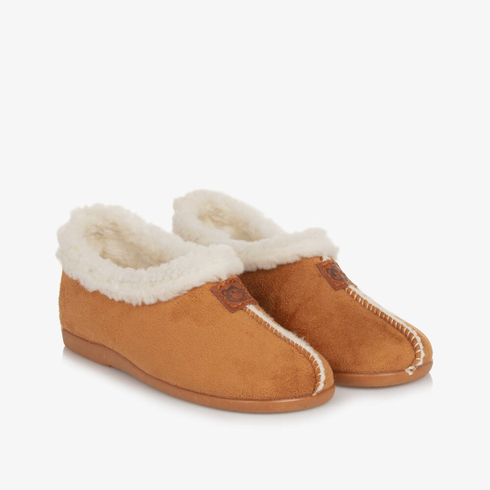 Pisamonas-Brown Faux Sheepskin Slippers | Childrensalon