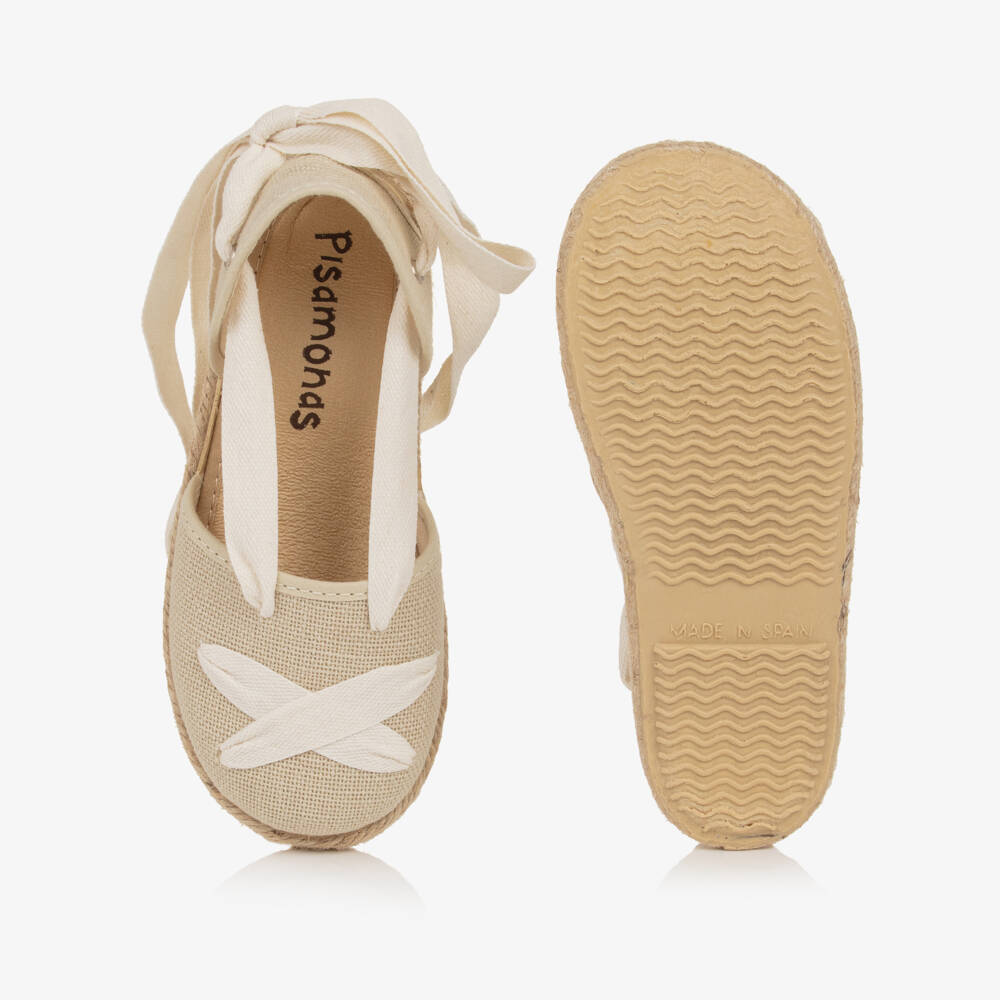 Pisamonas-Girls Beige Espadrilles with Ivory Ribbon Ties | Childrensalon