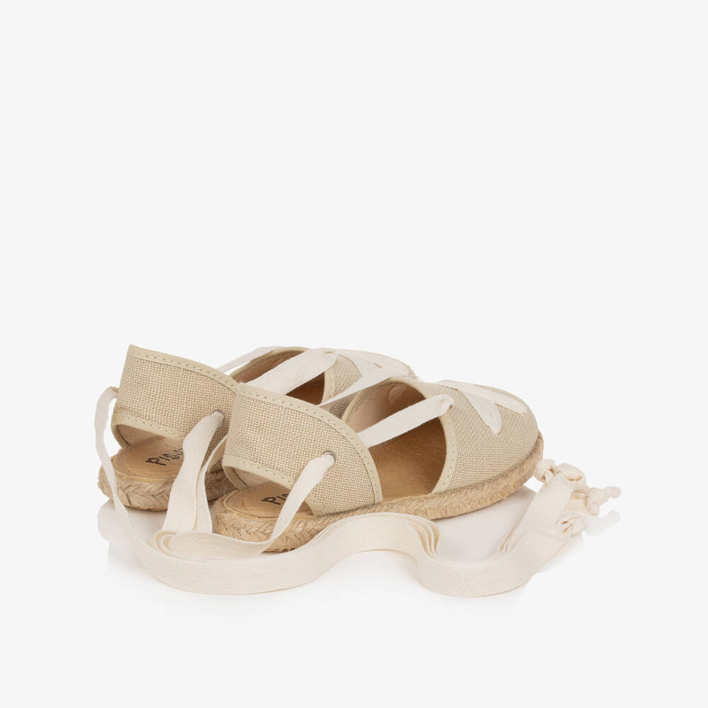 Pisamonas-Girls Beige Espadrilles with Ivory Ribbon Ties | Childrensalon