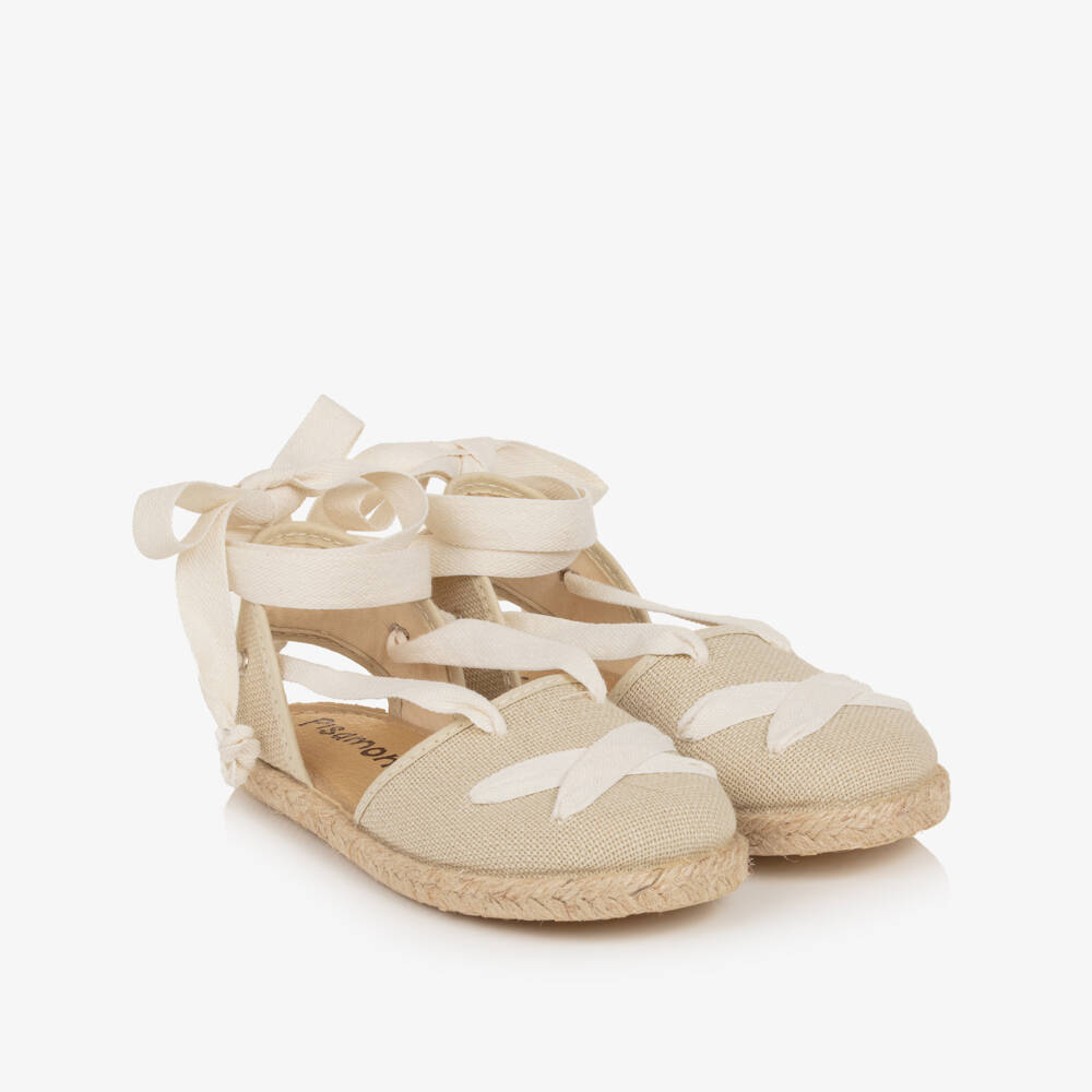 Pisamonas-Girls Beige Espadrilles with Ivory Ribbon Ties | Childrensalon