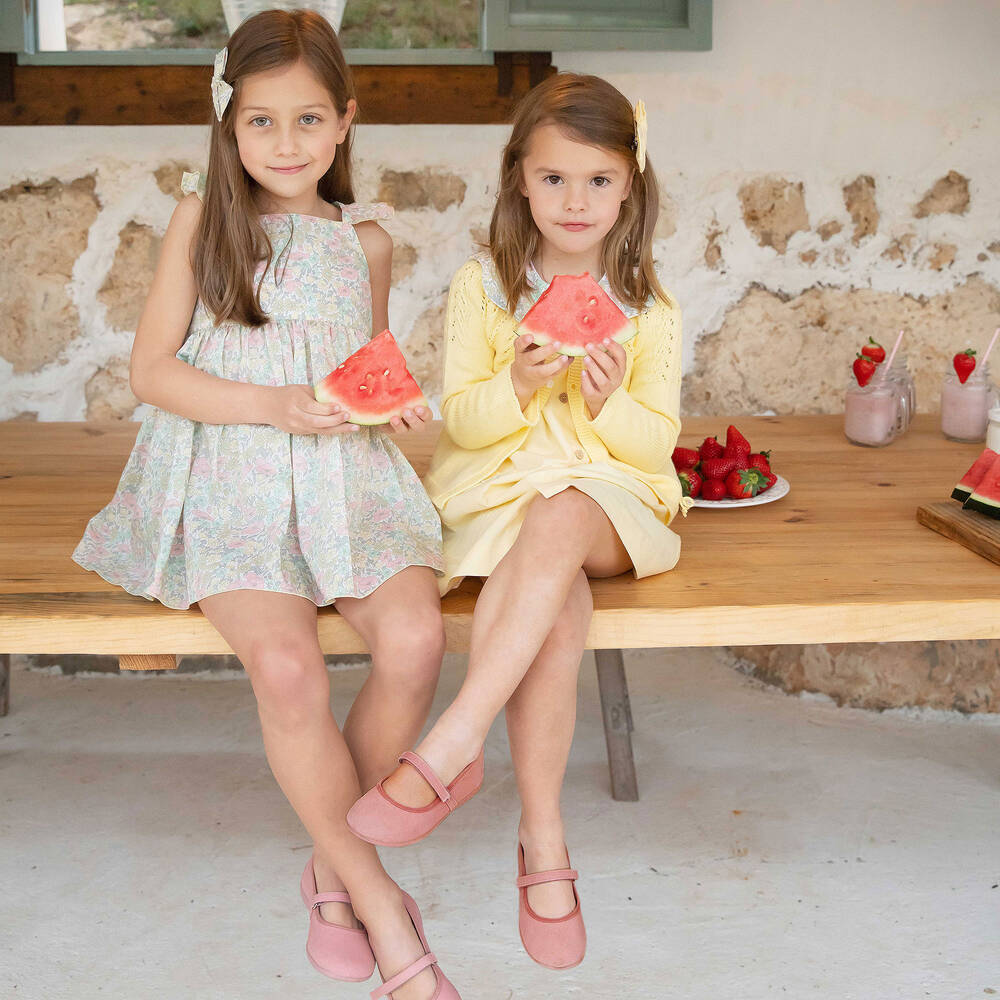 Pisamonas-Girls Coral Pink Canvas Bar Shoes | Childrensalon