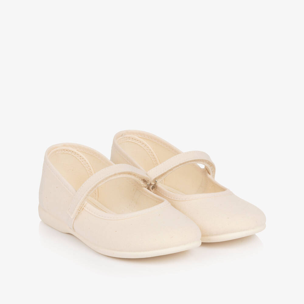 Pisamonas-Girls Ivory Canvas Mary Jane Velcro Shoes | Childrensalon