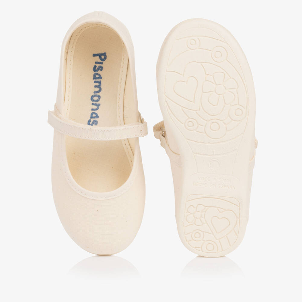 Pisamonas-Girls Ivory Canvas Mary Jane Velcro Shoes | Childrensalon