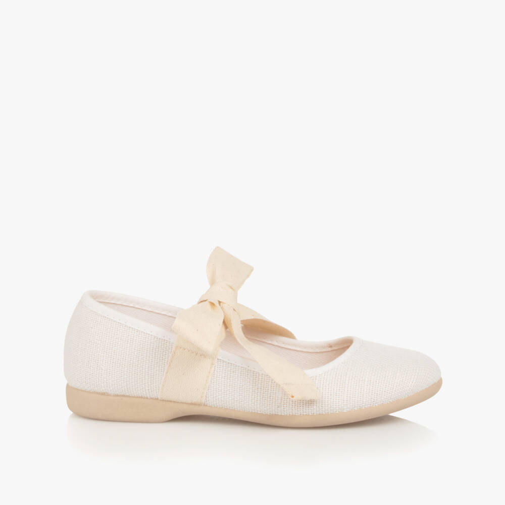 Pisamonas-Girls White Woven Textile Ballerina Pumps with Bows | Childrensalon
