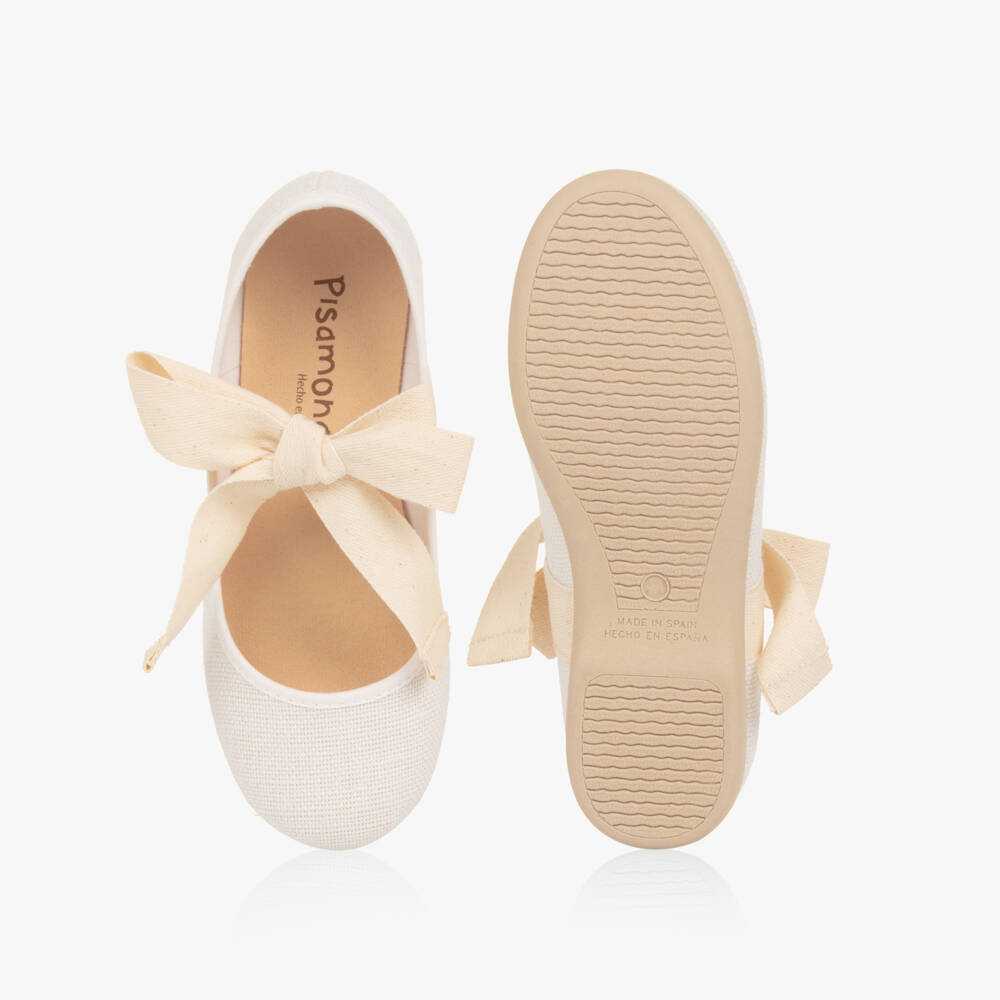 Pisamonas-Girls White Woven Textile Ballerina Pumps with Bows | Childrensalon