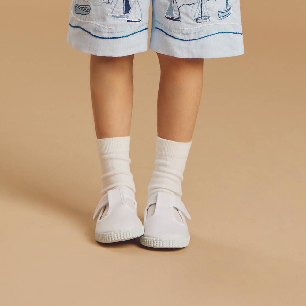 Pisamonas-White Canvas T-Bar Shoes | Childrensalon
