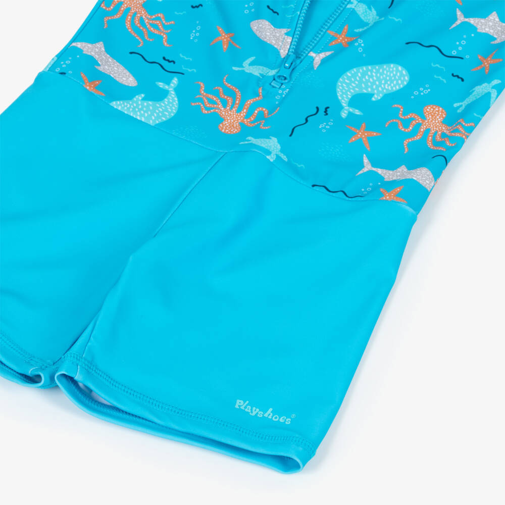 Playshoes-Boys Blue Sealife Print Sun Suit (UPF 50+) | Childrensalon