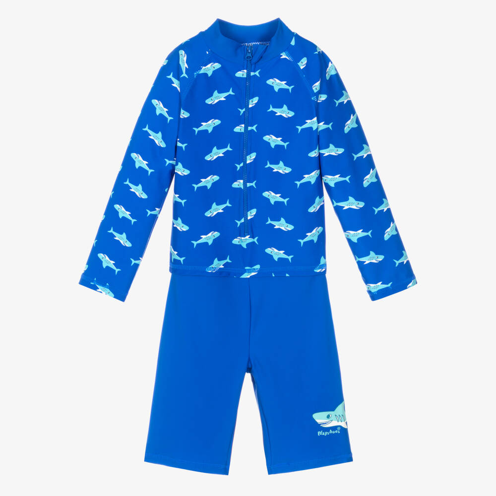 Playshoes-Boys Blue Shark Print Sun Suit (UPF50+) | Childrensalon
