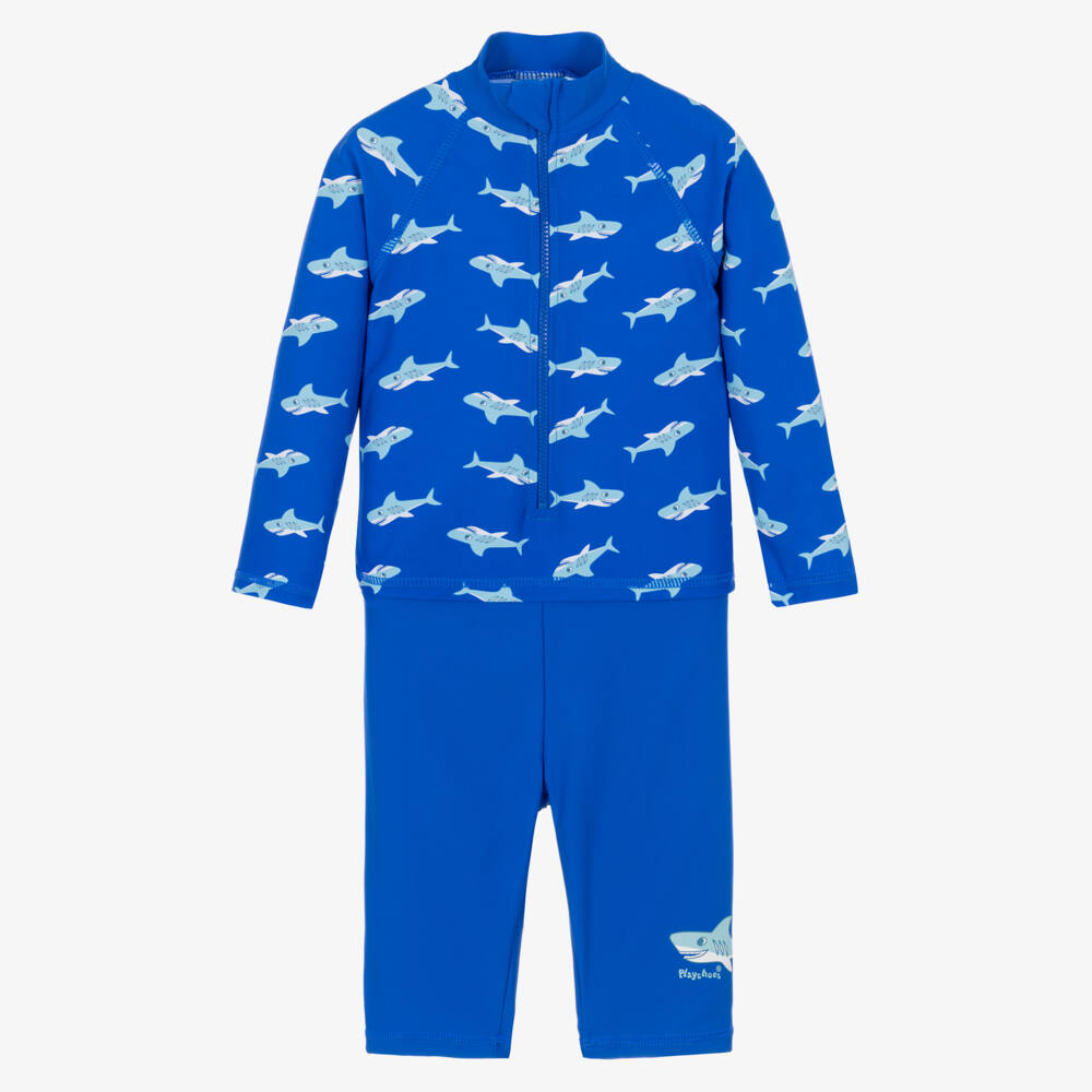 Playshoes-Boys Blue Shark Print Sun Suit (UPF50+) | Childrensalon