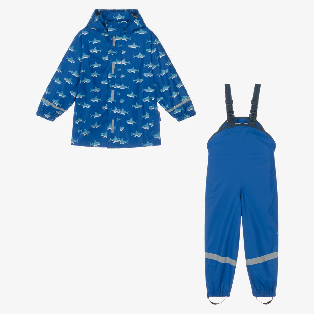 Playshoes-Bright Blue Sharks Raincoat & Salopettes Set | Childrensalon