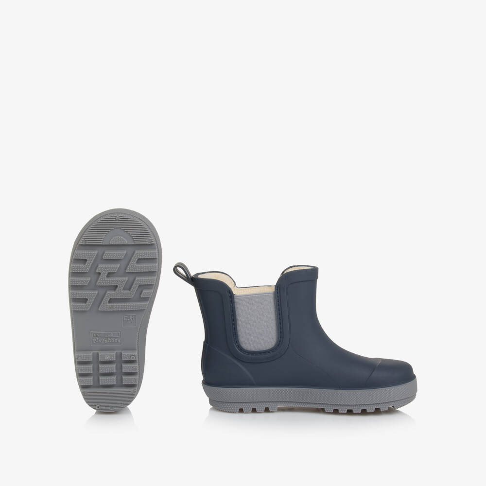 Playshoes-Navy Blue Rubber Ankle Rain Boots with Faux Fur Lining | Childrensalon
