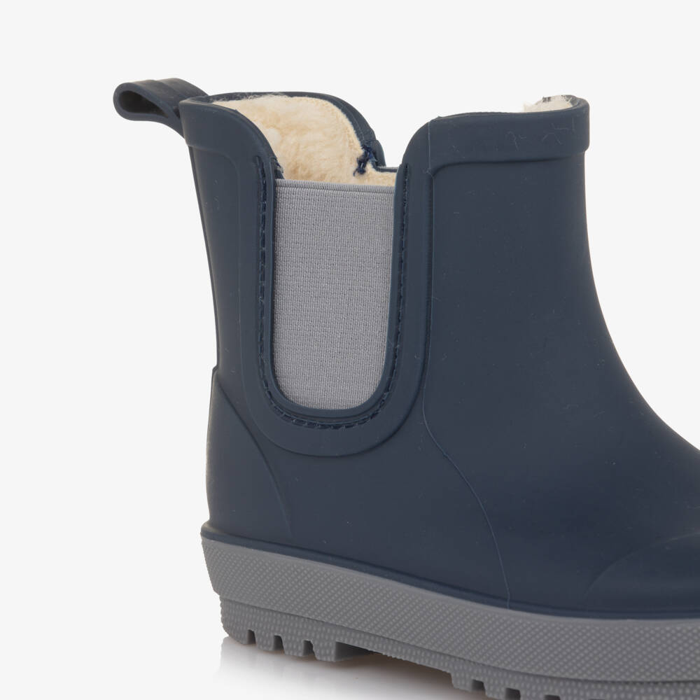 Playshoes-Navy Blue Rubber Ankle Rain Boots with Faux Fur Lining | Childrensalon