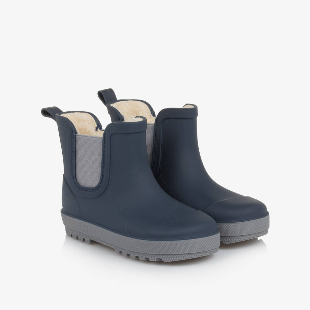 Playshoes-Navy Blue Rubber Ankle Rain Boots with Faux Fur Lining | Childrensalon