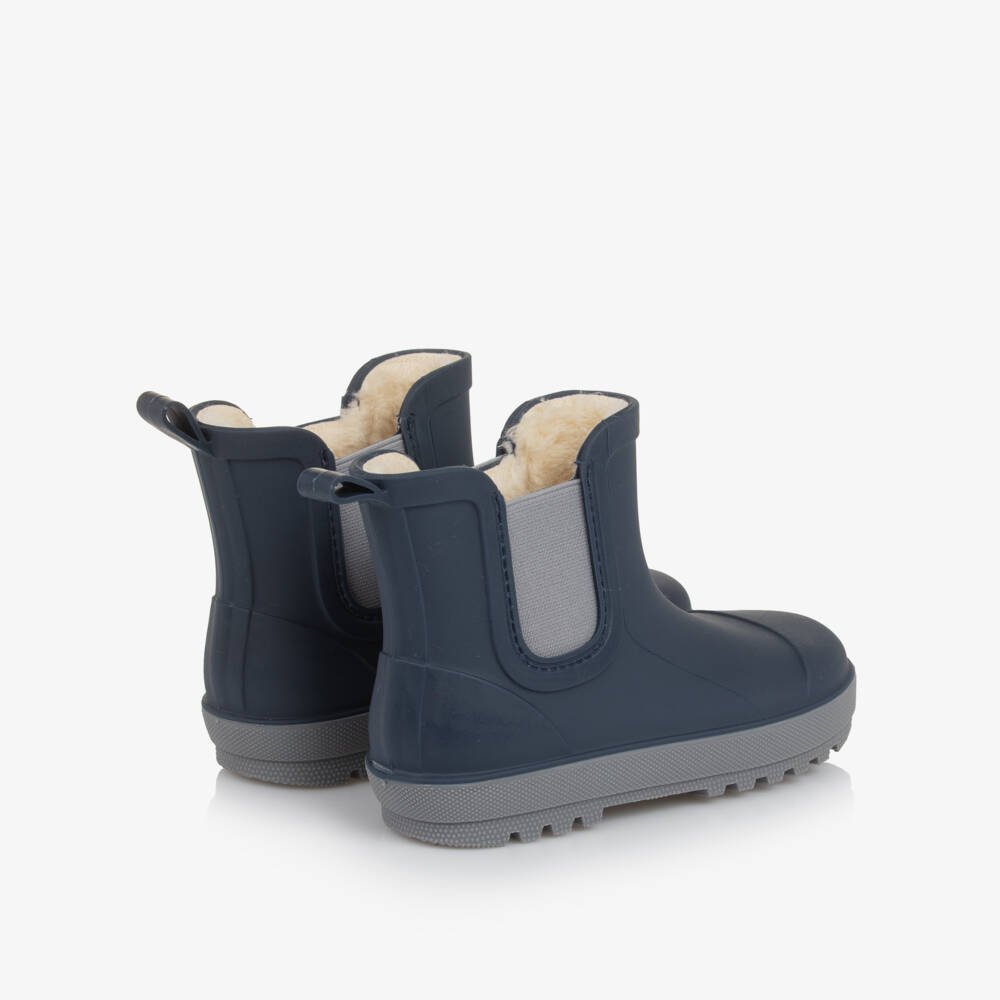 Playshoes-Navy Blue Rubber Ankle Rain Boots with Faux Fur Lining | Childrensalon