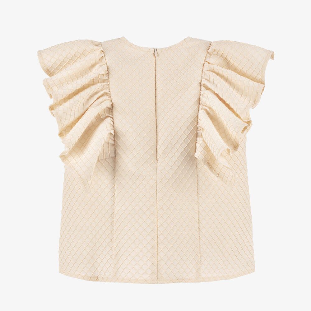 POCA & POCA-Girls Beige Textured Blouse with Ruffles & Pearl Bow | Childrensalon