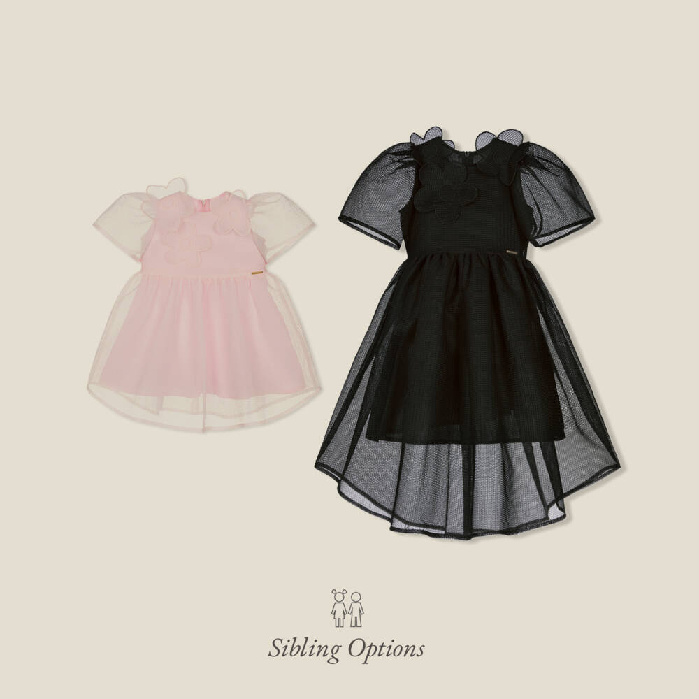 POCA & POCA-Платье чёрное сеточное с цветочными аппликациями для девочек | Childrensalon