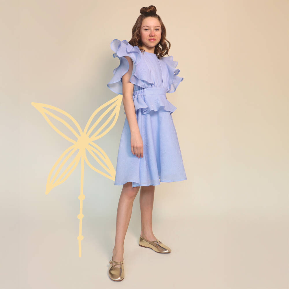 POCA & POCA-Платье голубое с цветочным жаккардом и оборками | Childrensalon
