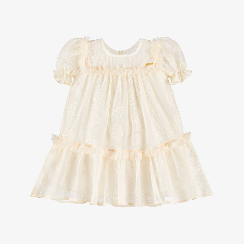 POCA & POCA-Платье кремовое из жоржета с вышитыми цветами для девочек | Childrensalon