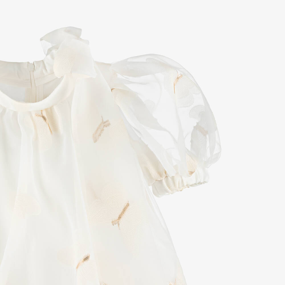 POCA & POCA-Girls Ivory Georgette Jacquard Dress with Butterflies | Childrensalon