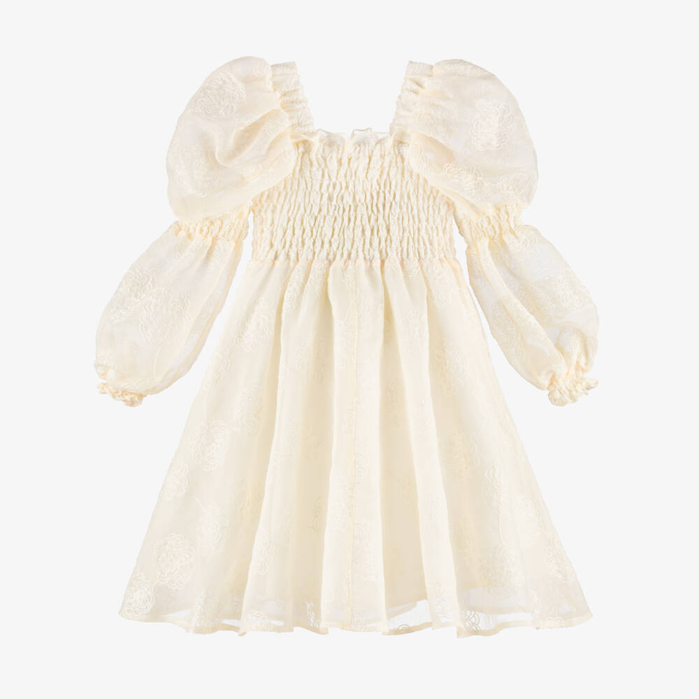 POCA & POCA-Girls Ivory Shirred Georgette Dress with Embroidered Flowers | Childrensalon