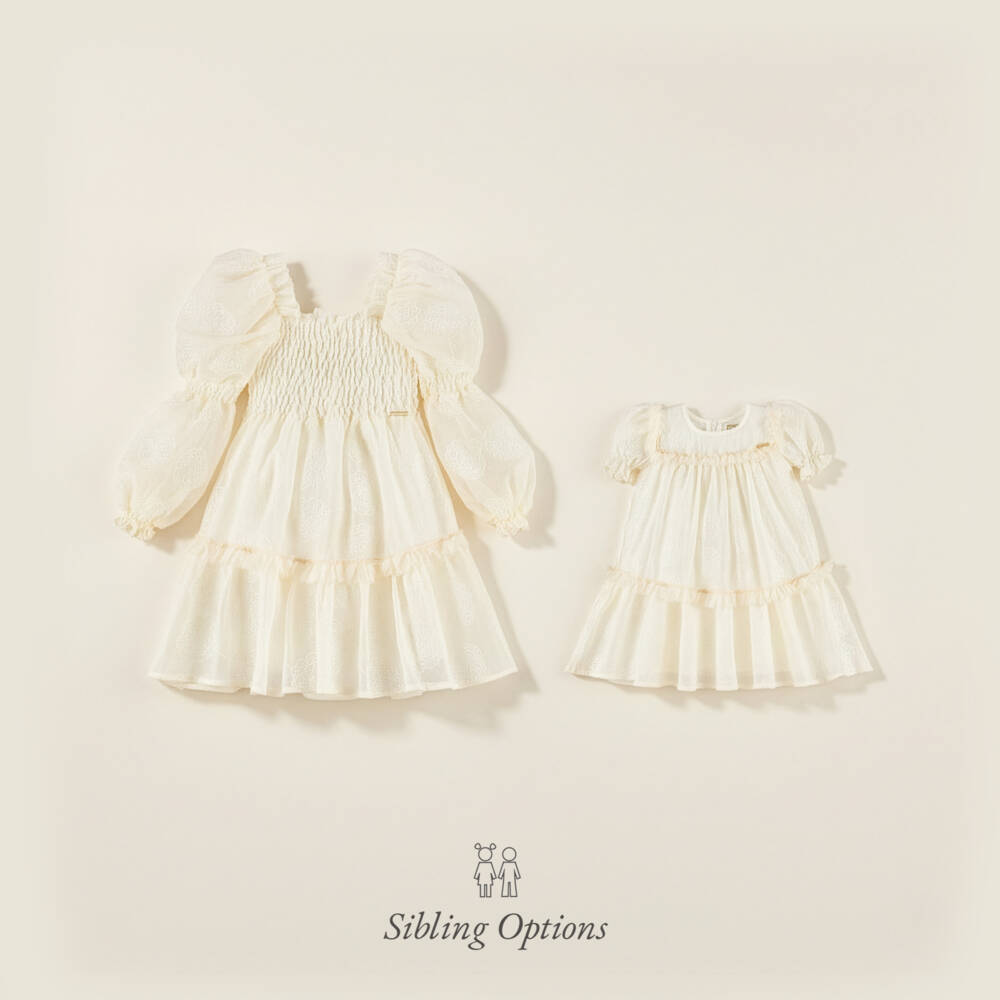 POCA & POCA-Girls Ivory Shirred Georgette Dress with Embroidered Flowers | Childrensalon