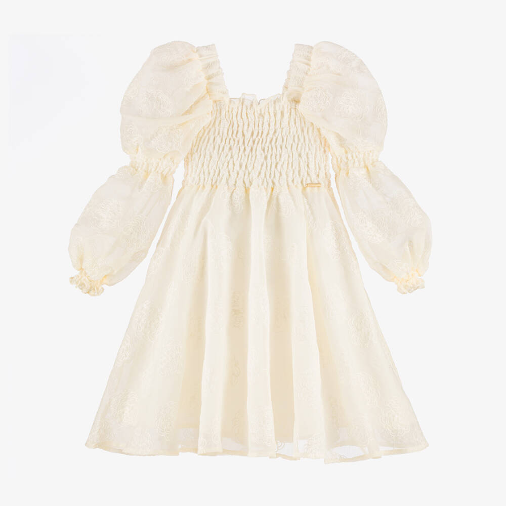 POCA & POCA-Girls Ivory Shirred Georgette Dress with Embroidered Flowers | Childrensalon