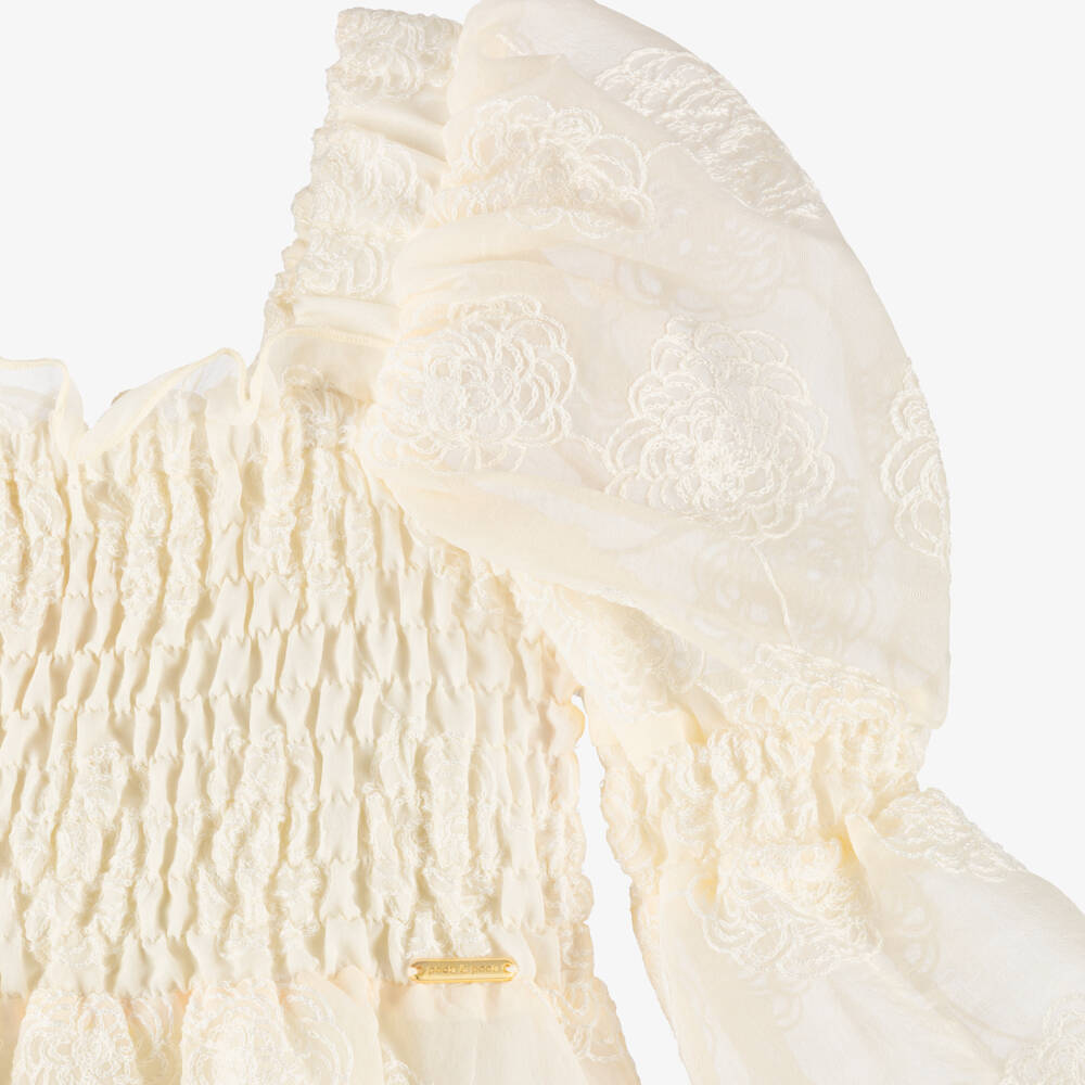 POCA & POCA-Girls Ivory Shirred Georgette Dress with Embroidered Flowers | Childrensalon