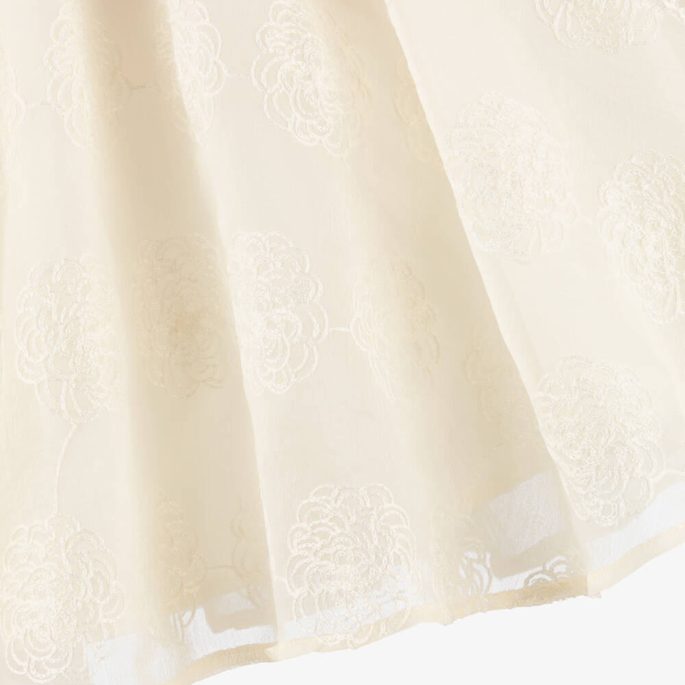 POCA & POCA-Girls Ivory Shirred Georgette Dress with Embroidered Flowers | Childrensalon