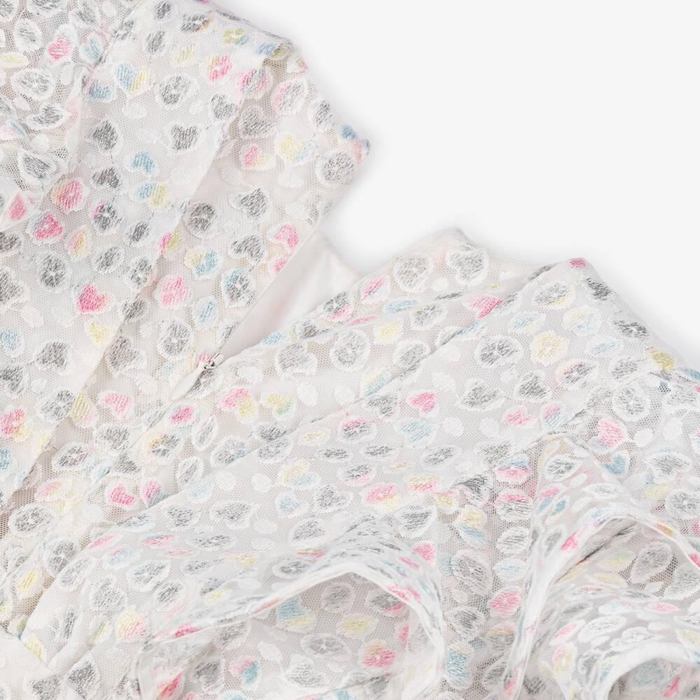 POCA & POCA-Girls Ivory Tulle Dress with Embroidered Pink & Silver Hearts | Childrensalon