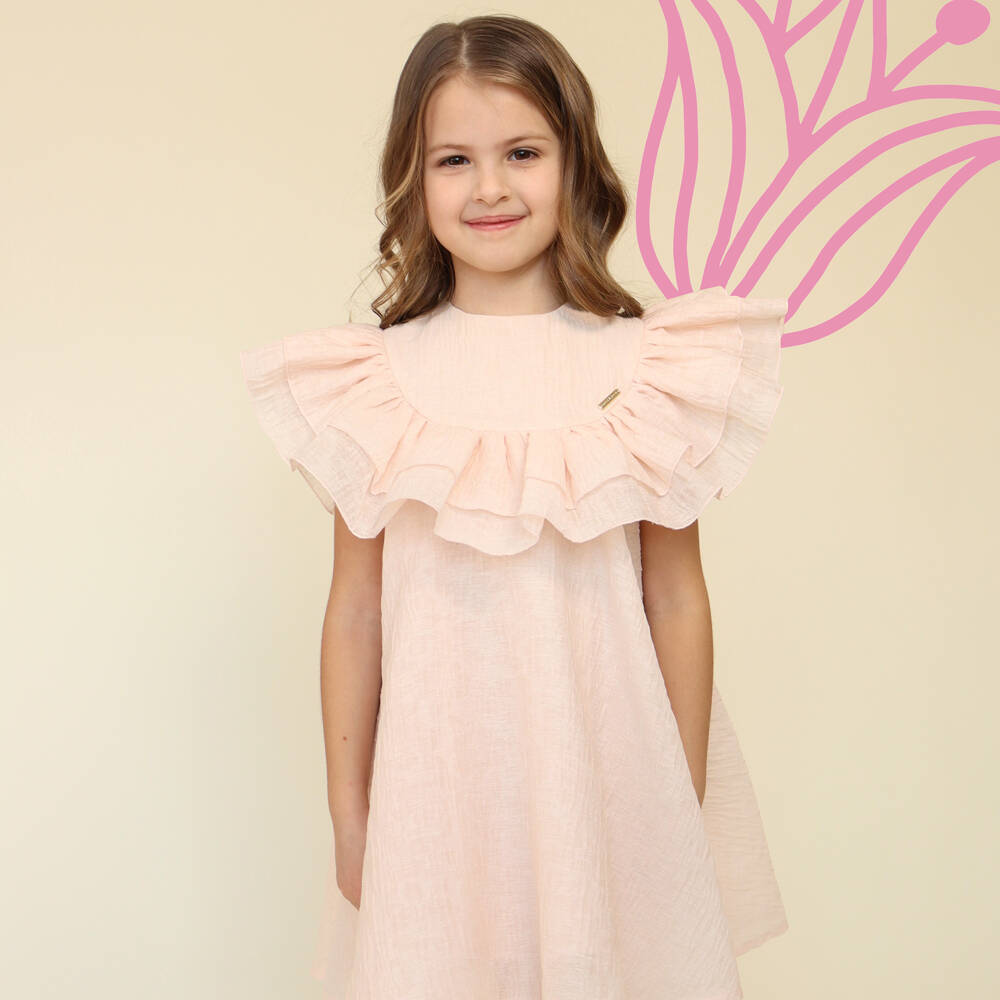 POCA & POCA-Girls Peach Pink Ruffle Dress | Childrensalon