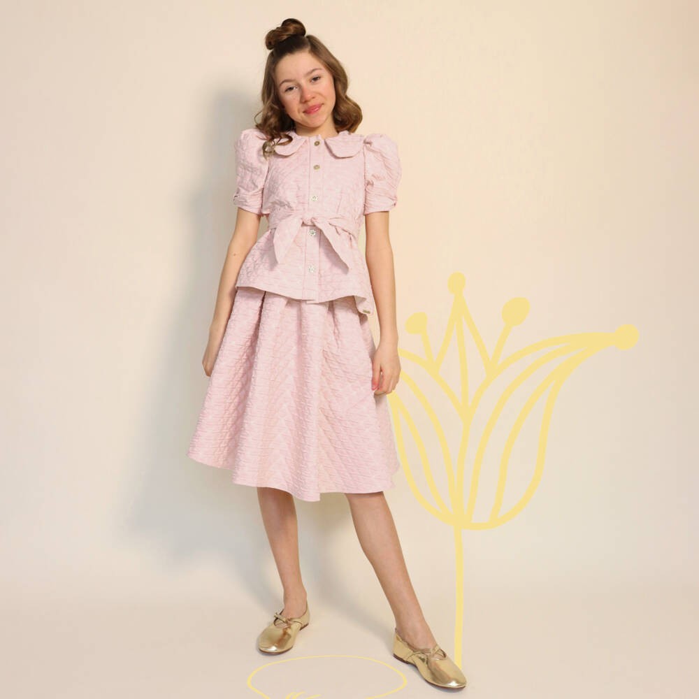 POCA & POCA-Girls Pink Belted Blouse with Embroidered Gold Quilting  | Childrensalon