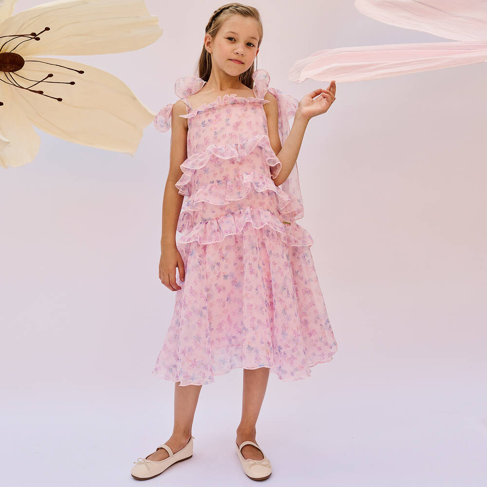 POCA & POCA-Girls Pink Floral Print Chiffon Dress Set | Childrensalon