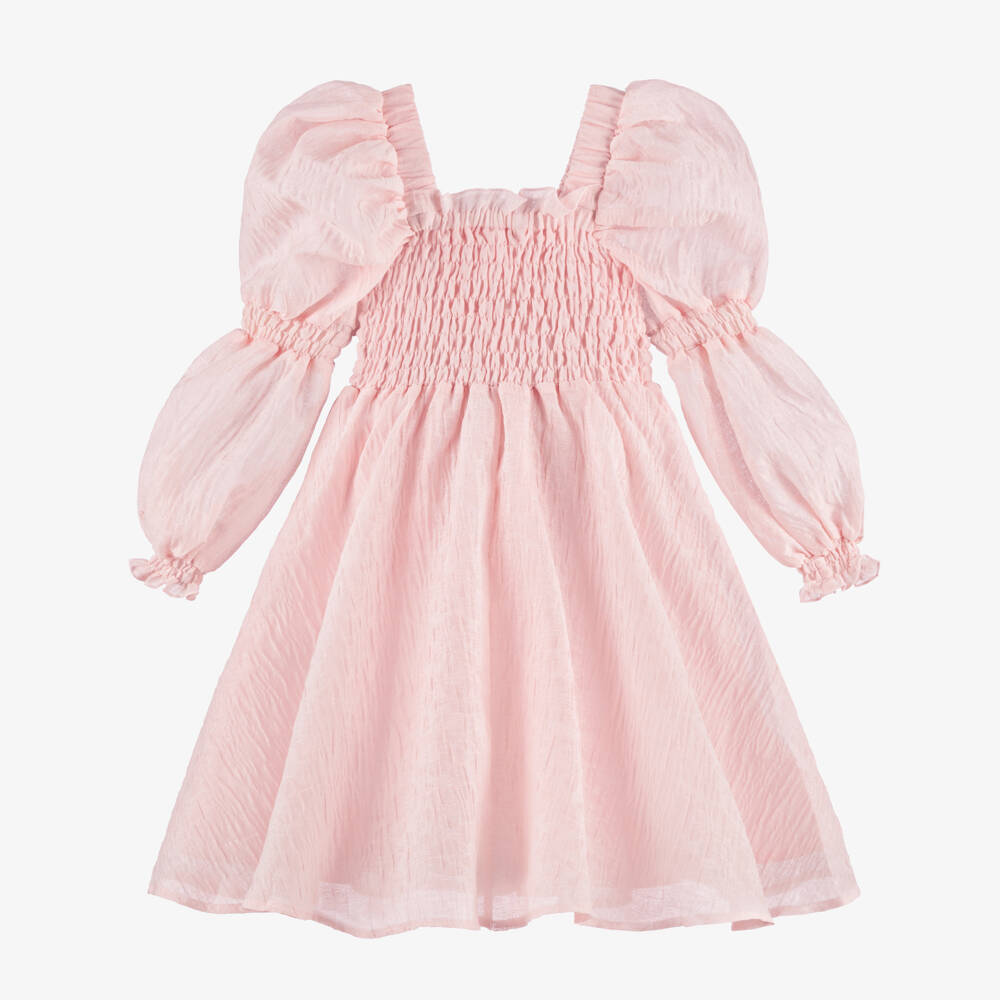 POCA & POCA-Girls Pink Shirred Textured Jacquard Dress | Childrensalon