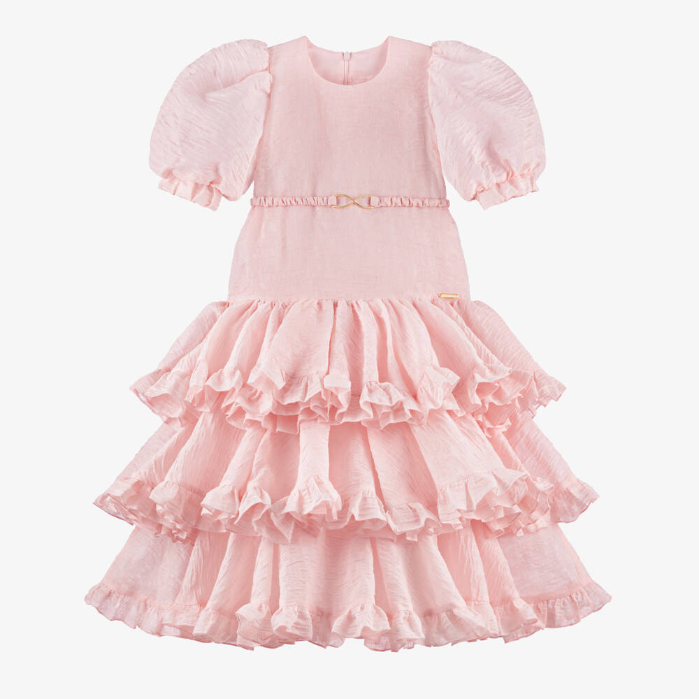 POCA & POCA-Girls Pink Textured Jacquard & Tiered Ruffle Dress | Childrensalon