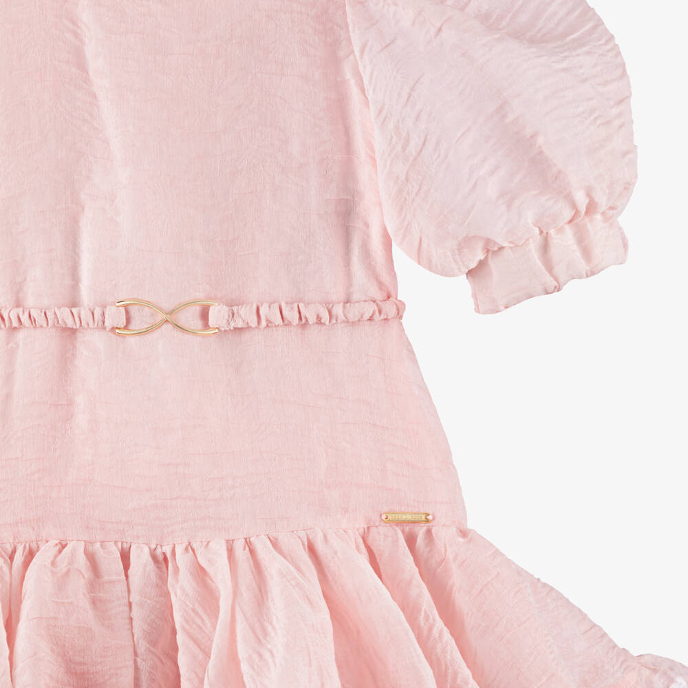 POCA & POCA-Girls Pink Textured Jacquard & Tiered Ruffle Dress | Childrensalon