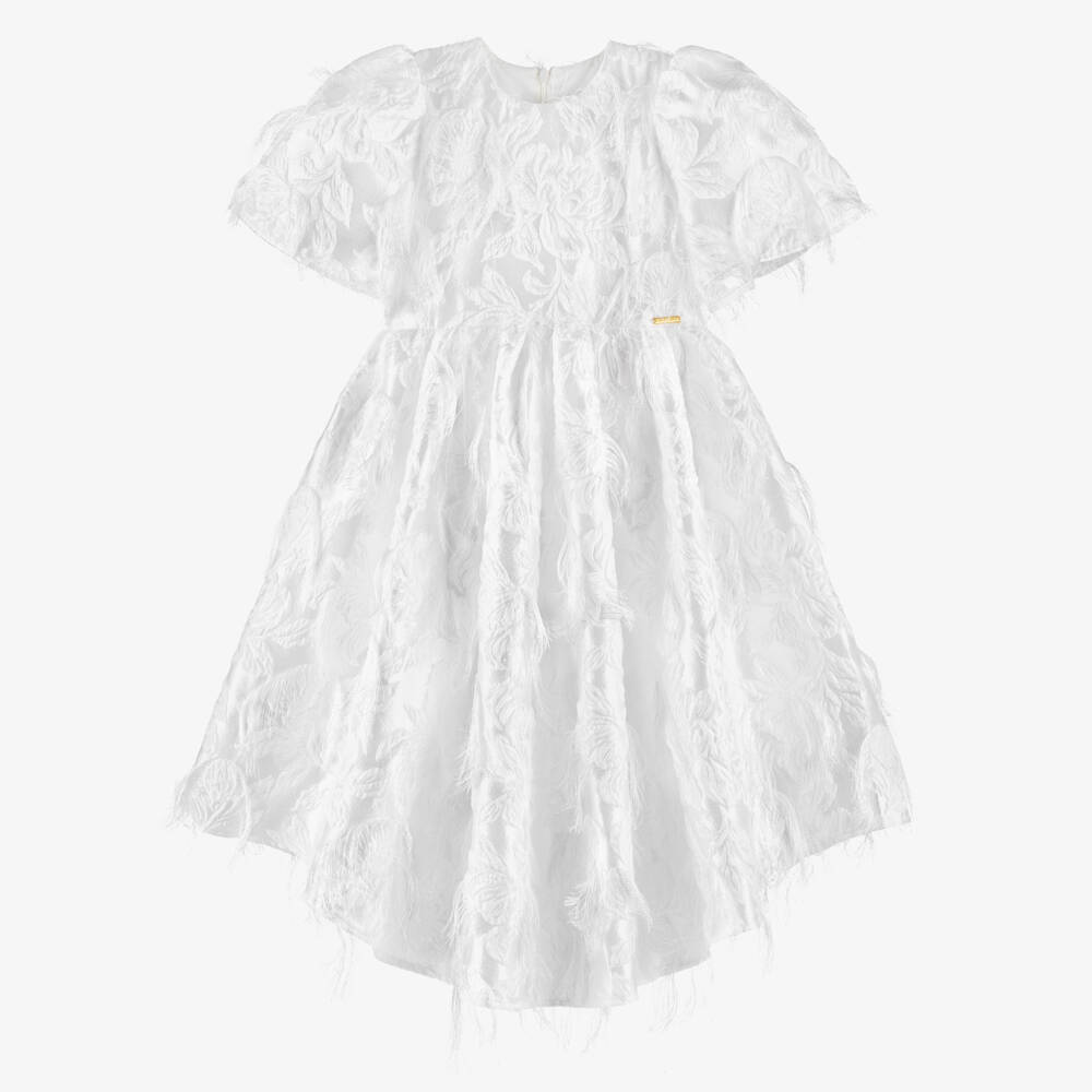 POCA & POCA-Girls White Feathery Jacquard Satin Dress | Childrensalon