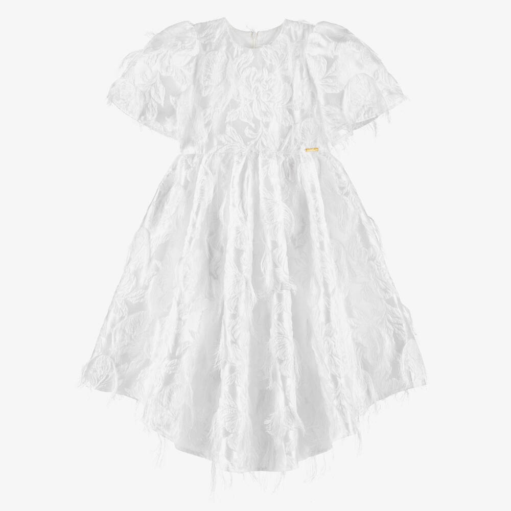 POCA & POCA-Girls White Feathery Jacquard Satin Dress | Childrensalon